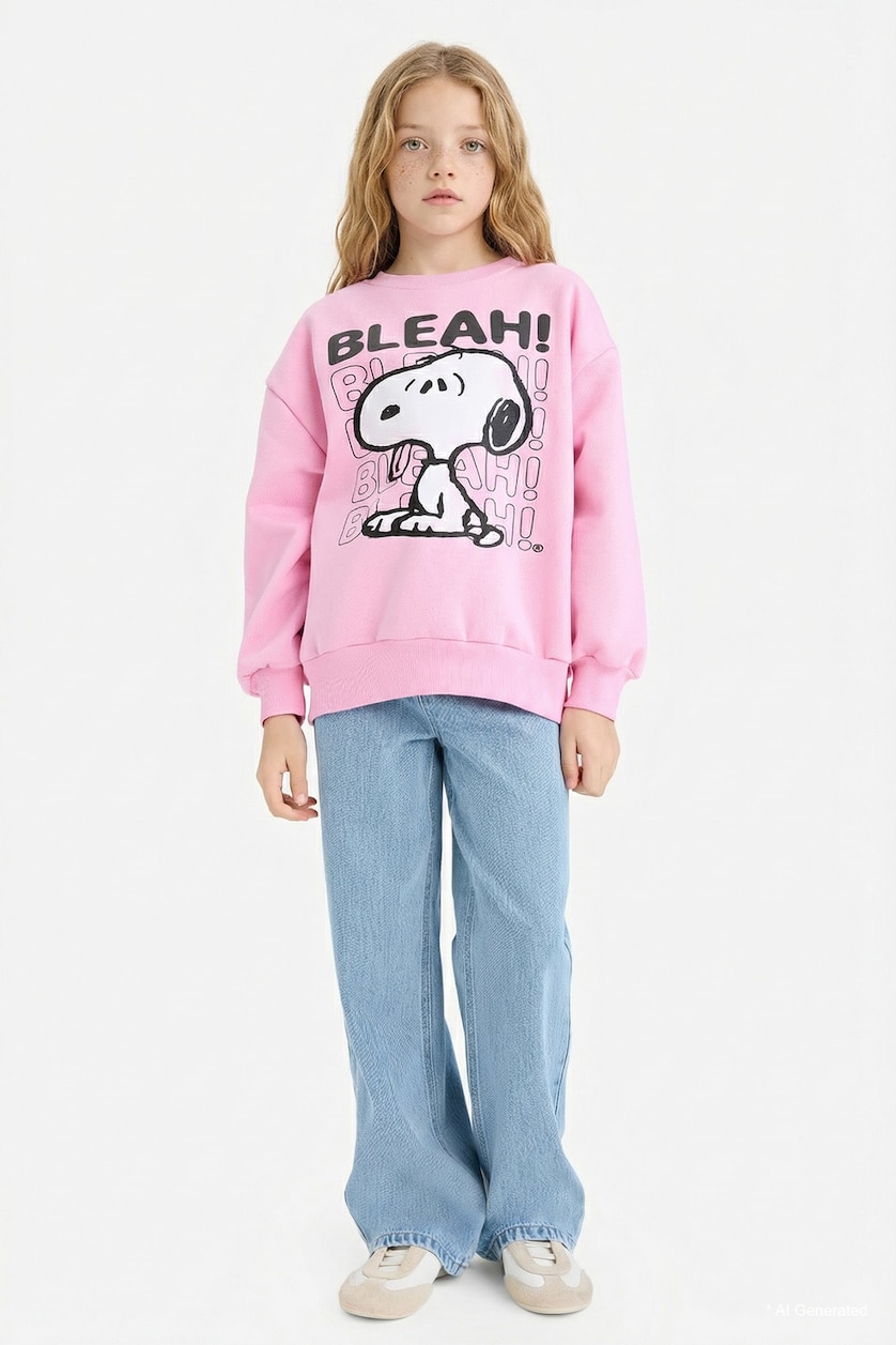 Kız Çocuk - Genç Kız Açık Pembe Snoopy Oversize Geniş Kalıp Bisiklet Yaka İçi Yumuşak Tüylü Sweatshirt Kız Çocuk