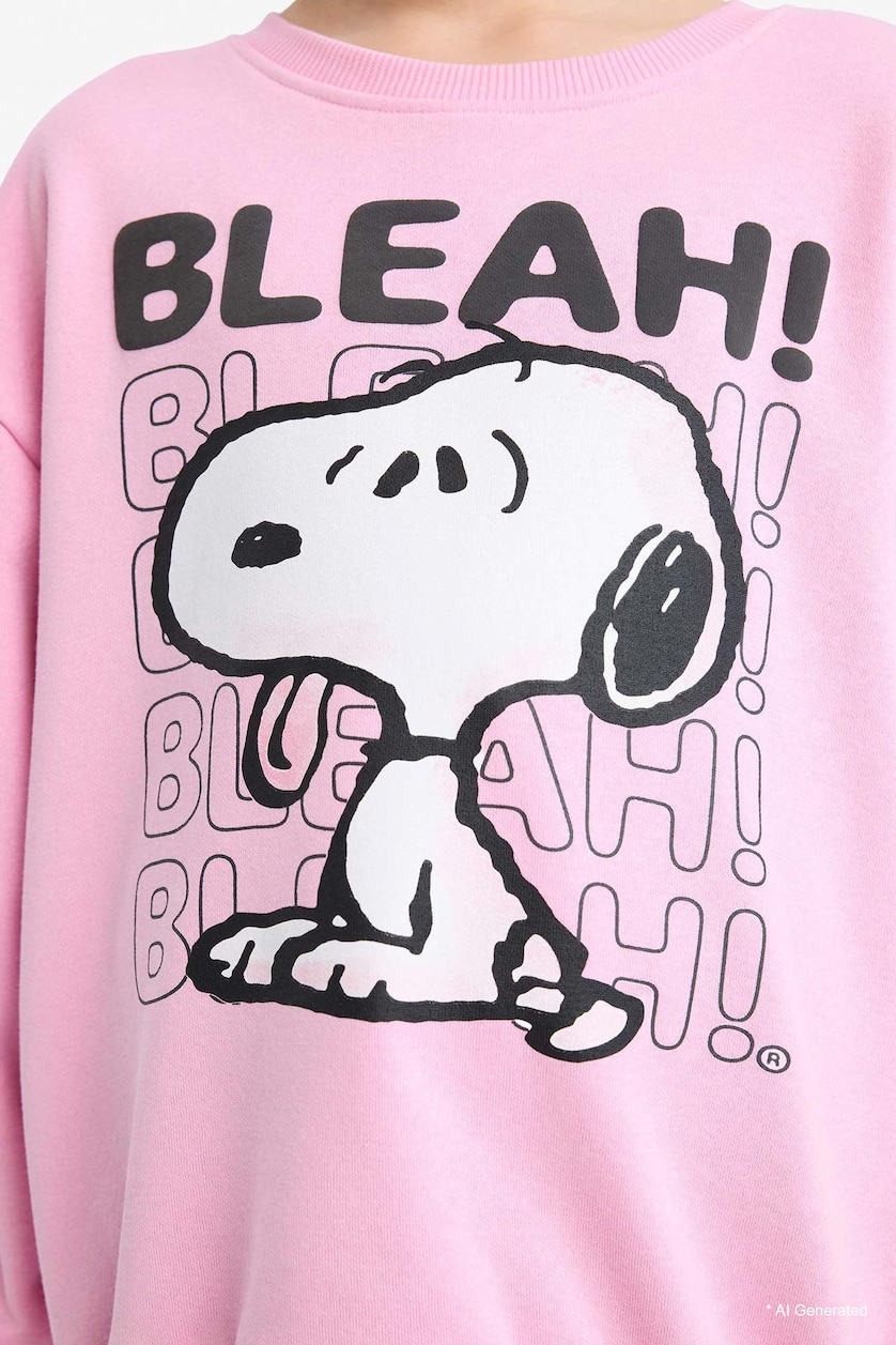 Kız Çocuk - Genç Kız Açık Pembe Snoopy Oversize Geniş Kalıp Bisiklet Yaka İçi Yumuşak Tüylü Sweatshirt Kız Çocuk