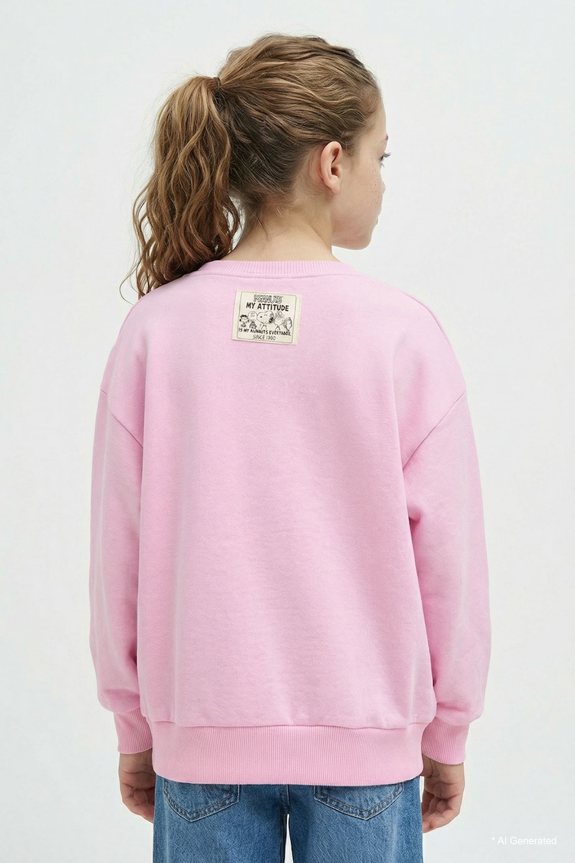 Kız Çocuk - Genç Kız Açık Pembe Snoopy Oversize Geniş Kalıp Bisiklet Yaka İçi Yumuşak Tüylü Sweatshirt Kız Çocuk