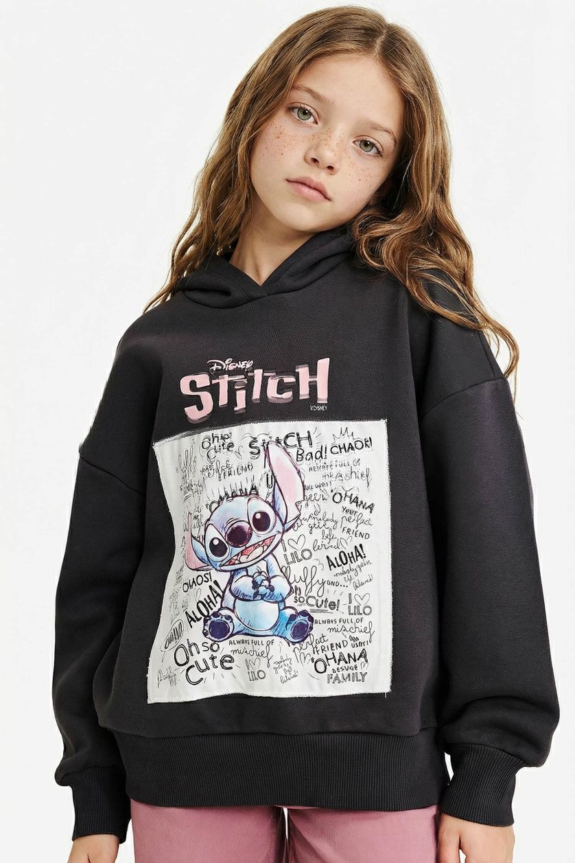 Kız Çocuk - Genç Kız Antrasit Disney Lilo & Stitch Oversize Geniş Kalıp Kapüşonlu İçi Yumuşak Tüylü Sweatshirt Kız Çocuk