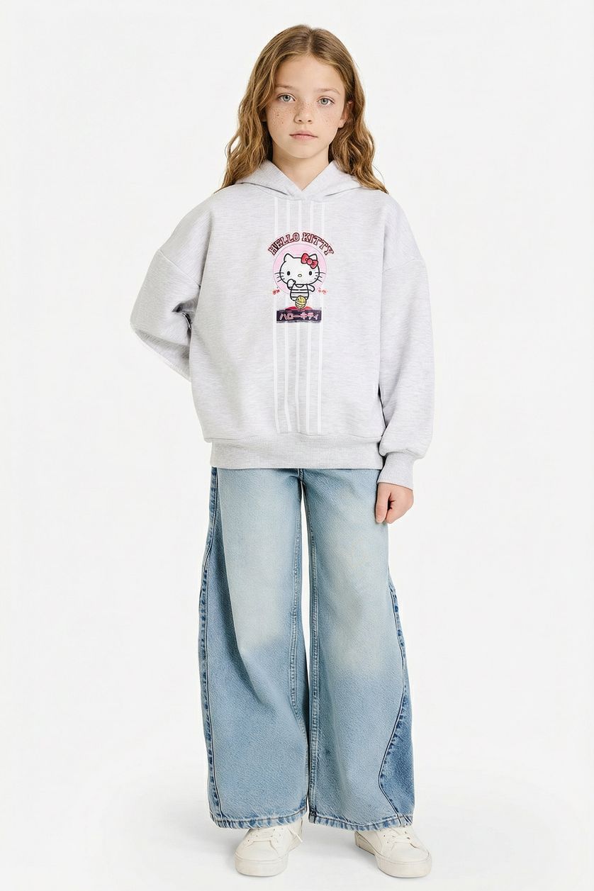 Kız Çocuk - Genç Kız Optik Gri Melanj Hello Kitty Oversize Geniş Kalıp Kapüşonlu Sırt Baskılı İçi Yumuşak Tüylü Sweatshirt Kız Çocuk