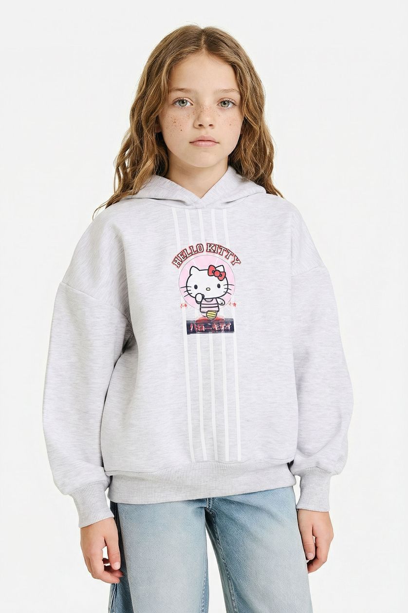 Kız Çocuk - Genç Kız Optik Gri Melanj Hello Kitty Oversize Geniş Kalıp Kapüşonlu Sırt Baskılı İçi Yumuşak Tüylü Sweatshirt Kız Çocuk