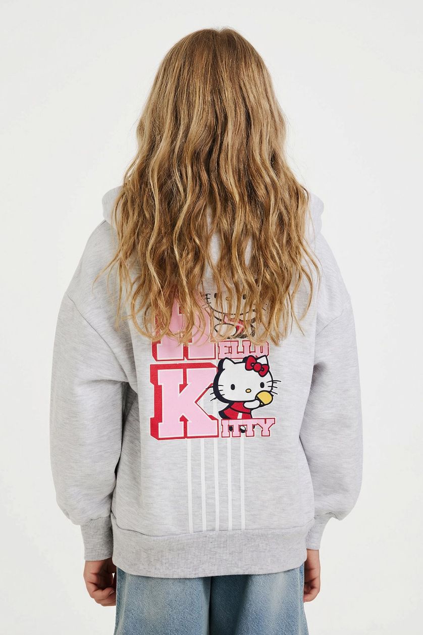 Kız Çocuk - Genç Kız Optik Gri Melanj Hello Kitty Oversize Geniş Kalıp Kapüşonlu Sırt Baskılı İçi Yumuşak Tüylü Sweatshirt Kız Çocuk