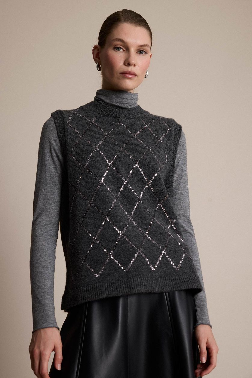 FEMME Anthracite Pull sans manches en maille brodée à col rond Coupe régulière