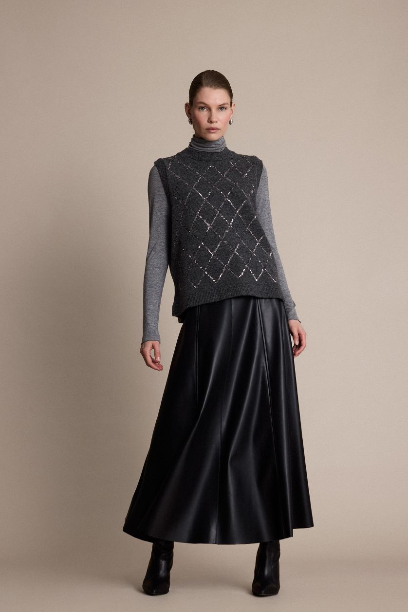 FEMME Anthracite Pull sans manches en maille brodée à col rond Coupe régulière