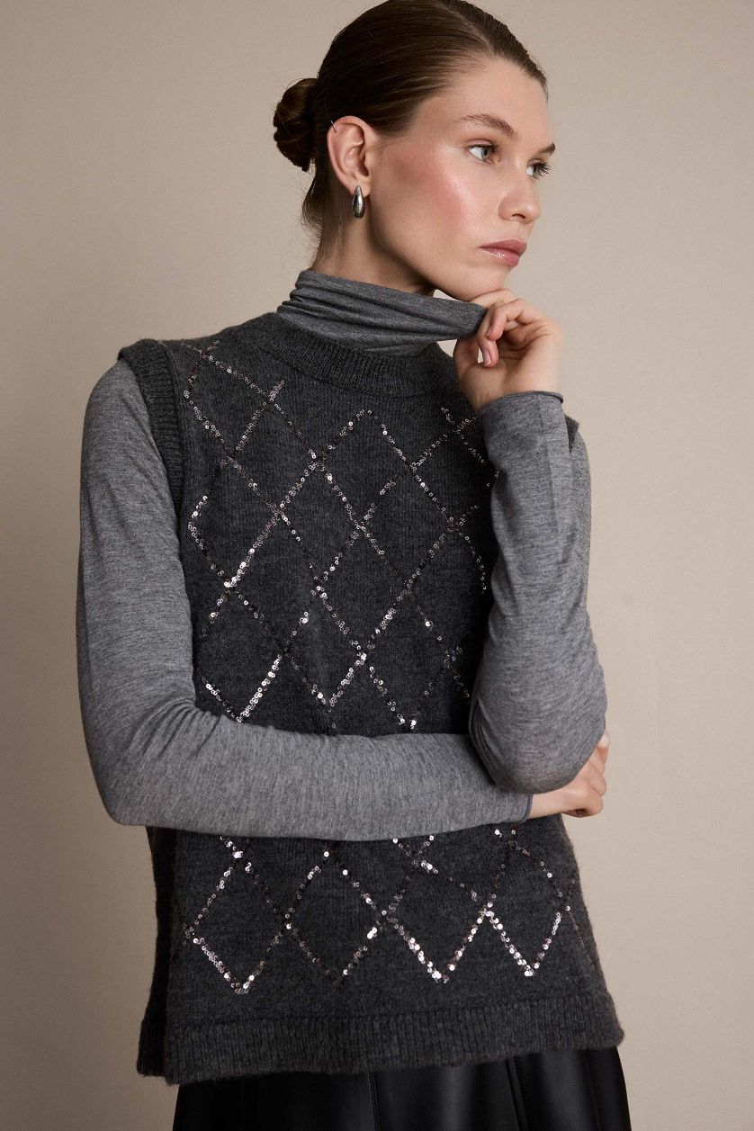 FEMME Anthracite Pull sans manches en maille brodée à col rond Coupe régulière