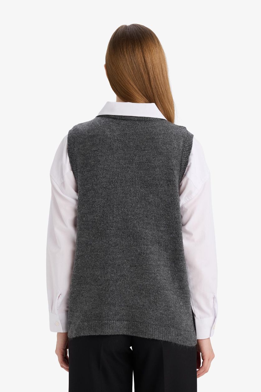 FEMME Anthracite Pull sans manches en maille brodée à col rond Coupe régulière