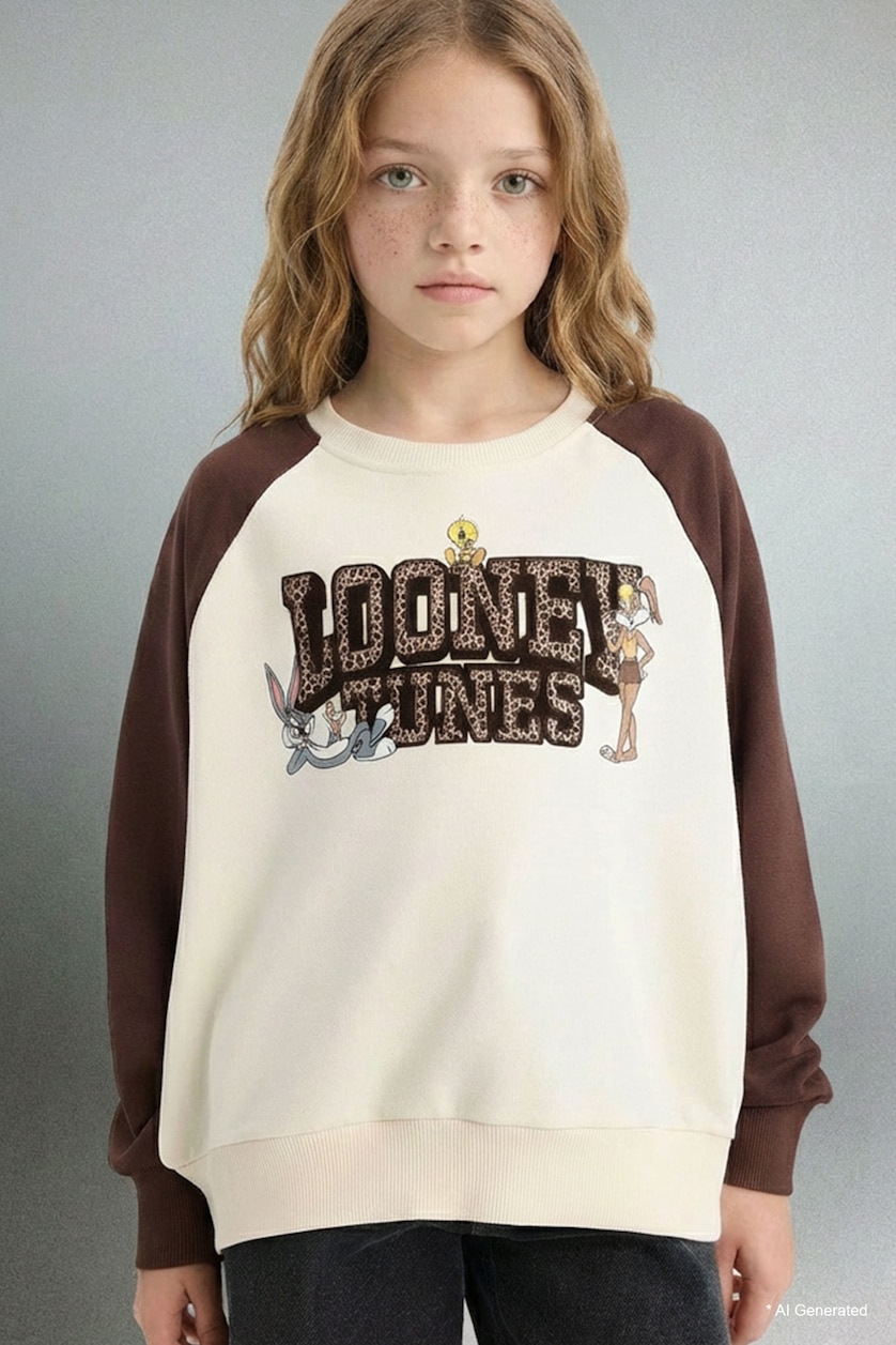 Kız Çocuk - Genç Kız Ekru Looney Tunes Oversize Geniş Kalıp Bisiklet Yaka Sweatshirt Kız Çocuk
