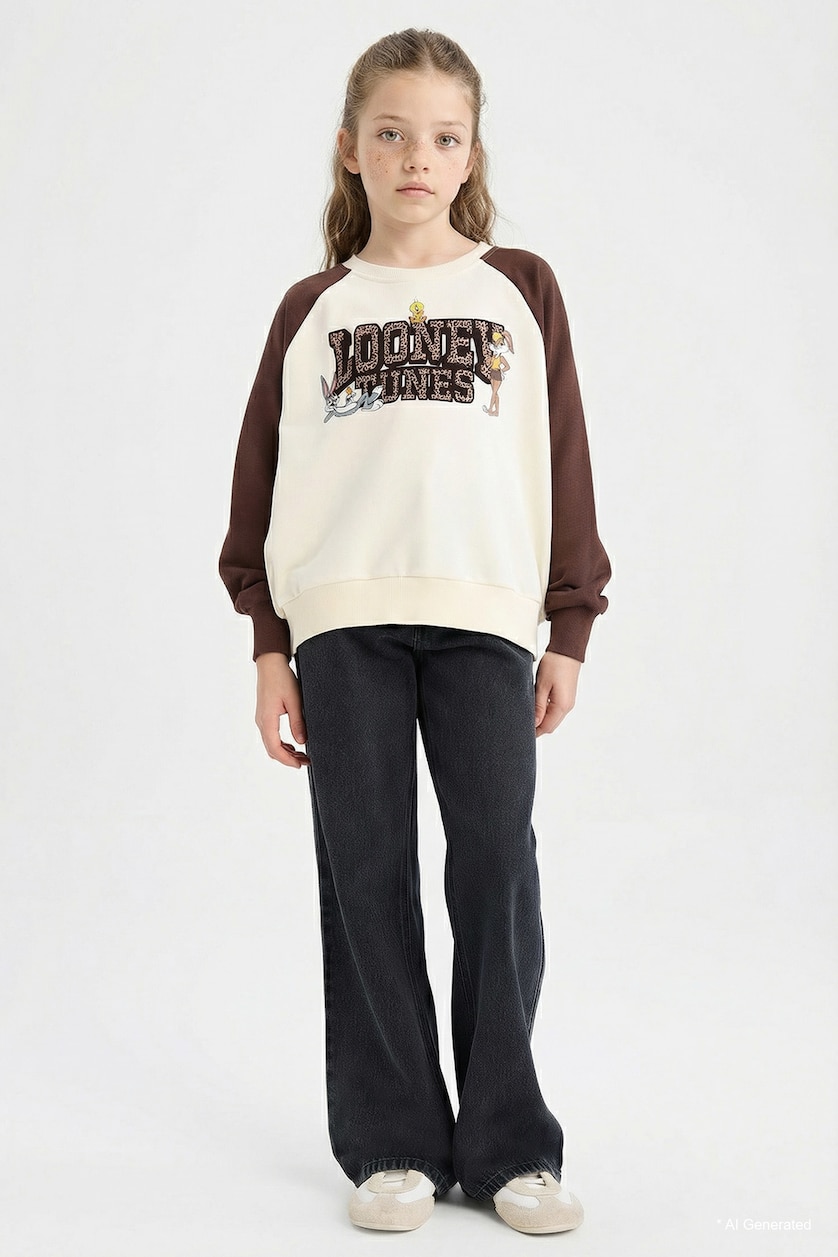 Kız Çocuk - Genç Kız Ekru Looney Tunes Oversize Geniş Kalıp Bisiklet Yaka Sweatshirt Kız Çocuk