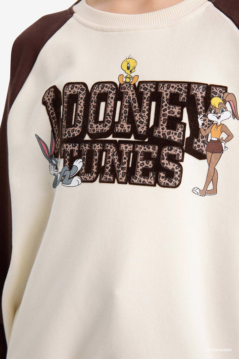 Kız Çocuk - Genç Kız Ekru Looney Tunes Oversize Geniş Kalıp Bisiklet Yaka Sweatshirt Kız Çocuk