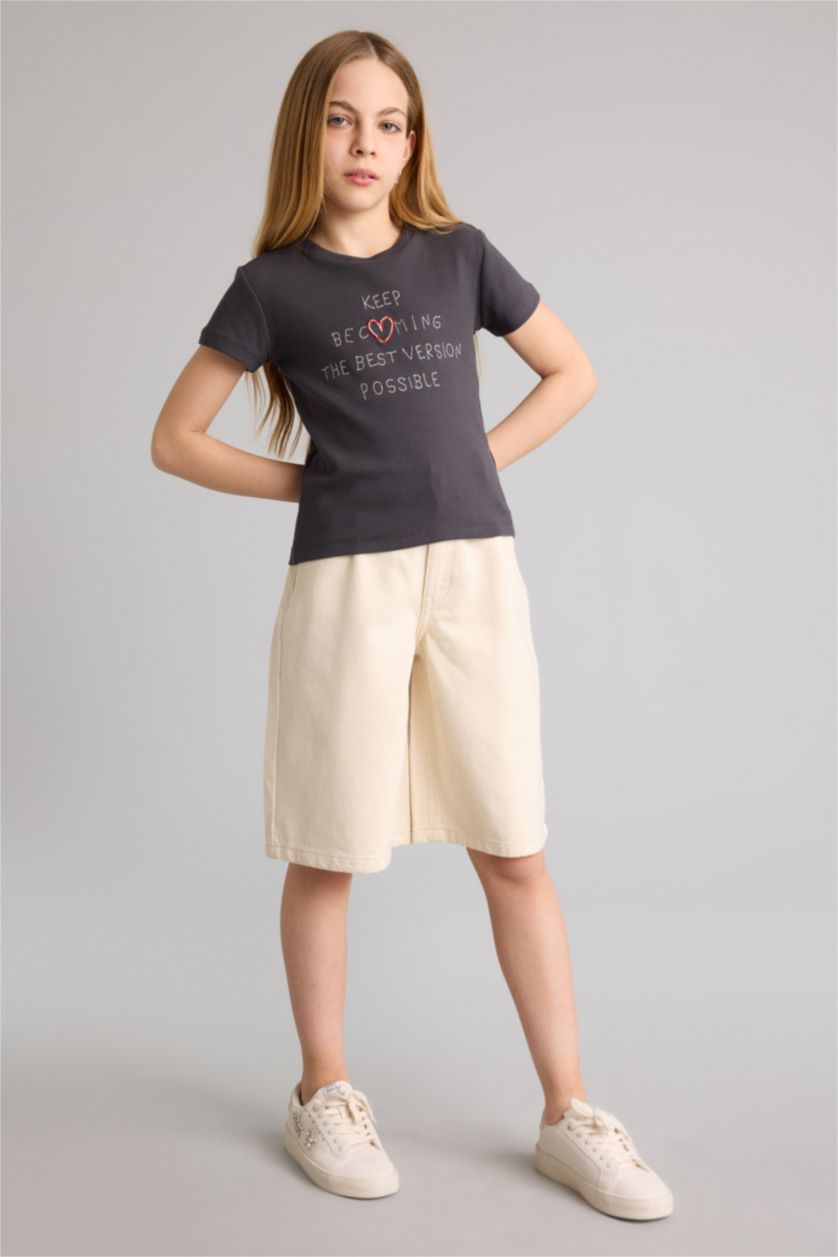 Kız Çocuk - Genç Kız Ekru Jean Şort Kız Çocuk