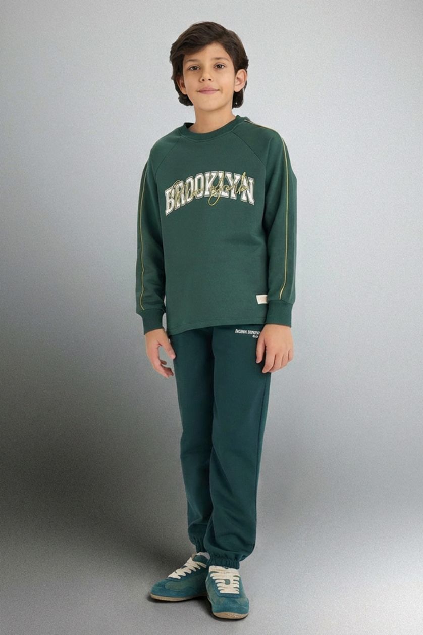 BOYS & TEENS Dark Green Boy Elastic Waist Printed Sweatpants