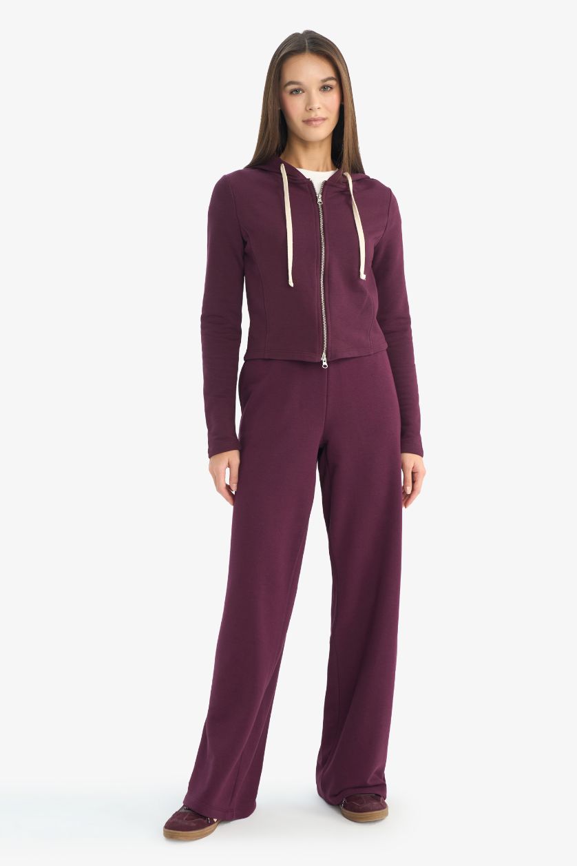 Woman Bordeaux Oversize Fit Hooded Thick Sweatshirt Fabric Cardigan