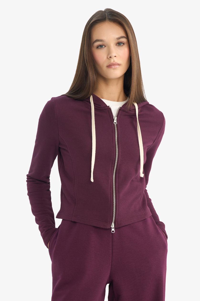 Woman Bordeaux Oversize Fit Hooded Thick Sweatshirt Fabric Cardigan