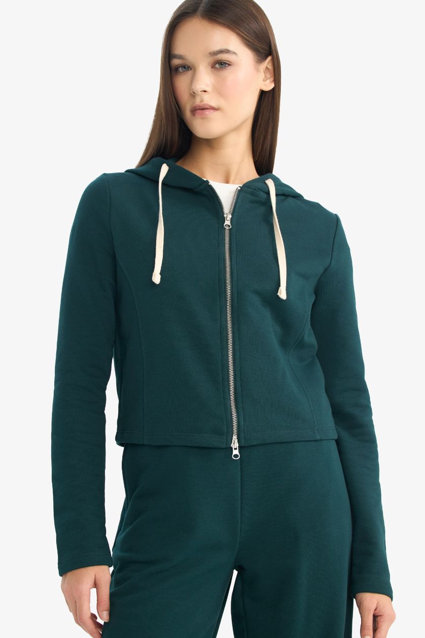 Woman Dark Green Oversize Fit Hooded Thick Sweatshirt Fabric Cardigan