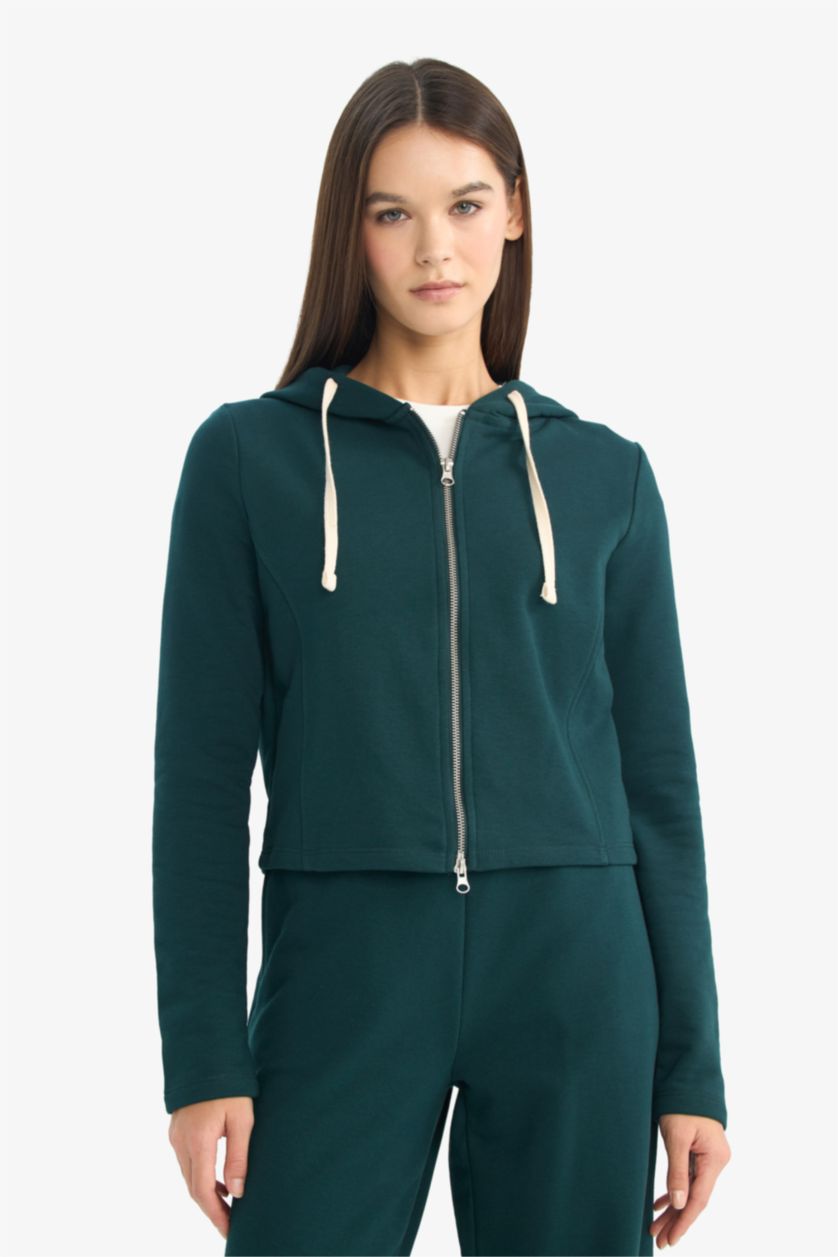 Woman Dark Green Oversize Fit Hooded Thick Sweatshirt Fabric Cardigan