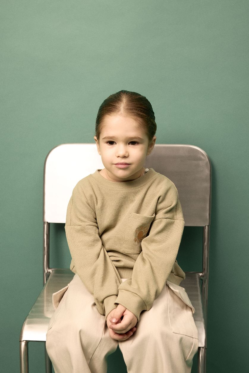 Erkek Bebek Haki Baskılı Waffle Sweatshirt Erkek Bebek