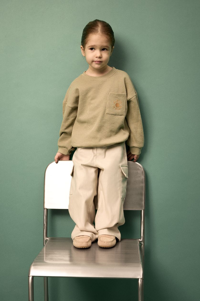 Erkek Bebek Haki Baskılı Waffle Sweatshirt Erkek Bebek