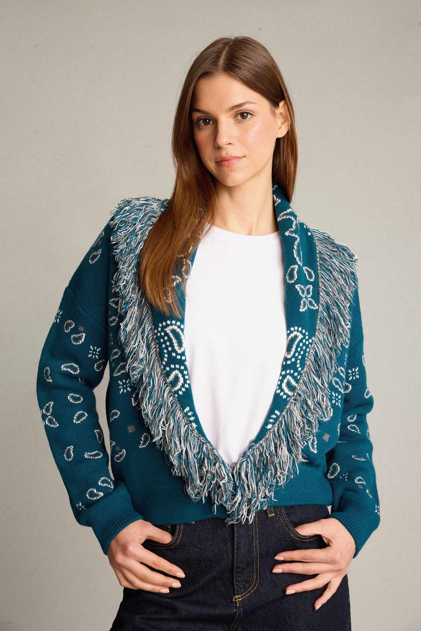 Kadın Lacivert Oversize Geniş Kalıp Püskül Detaylı Triko Hırka