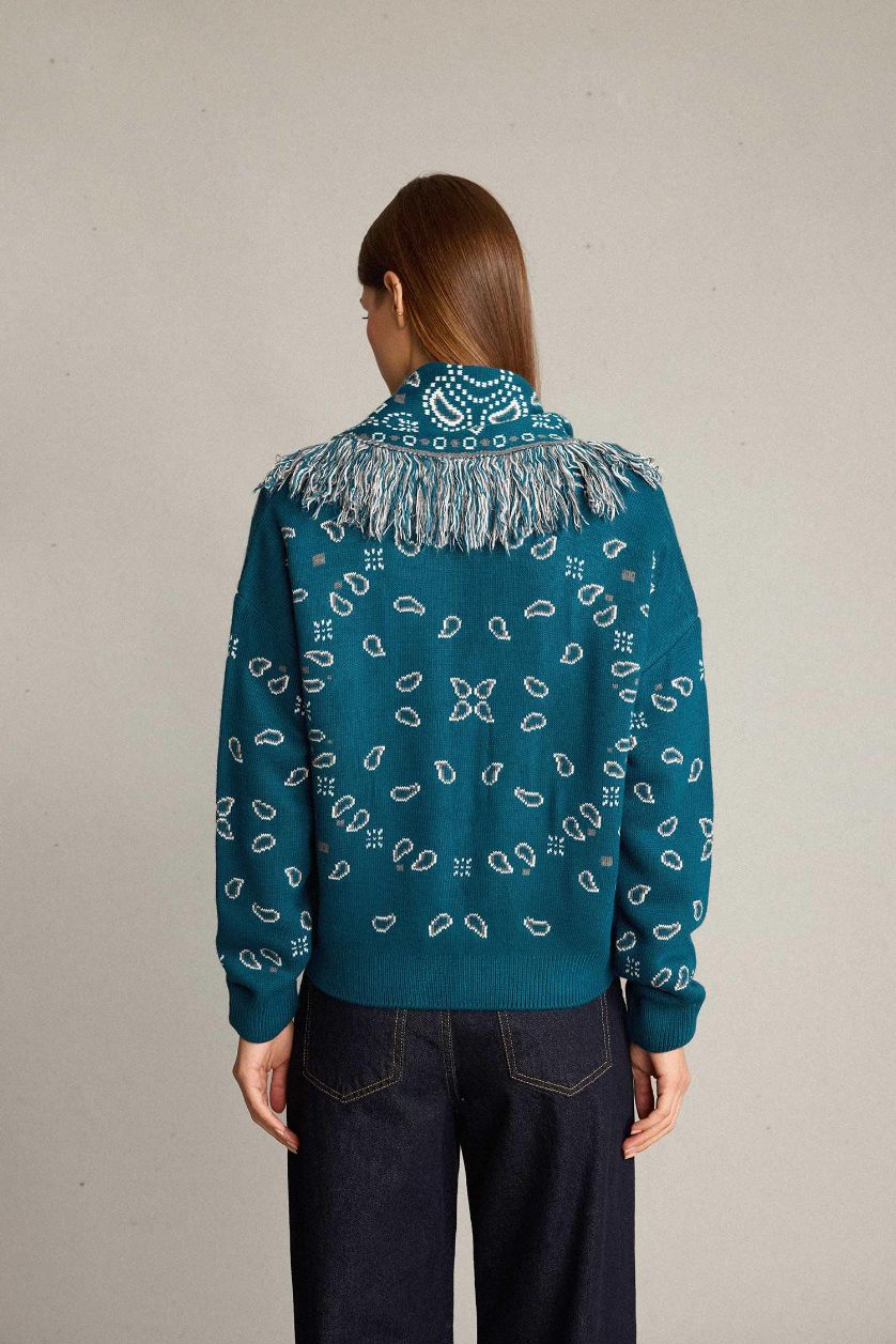 Kadın Lacivert Oversize Geniş Kalıp Püskül Detaylı Triko Hırka