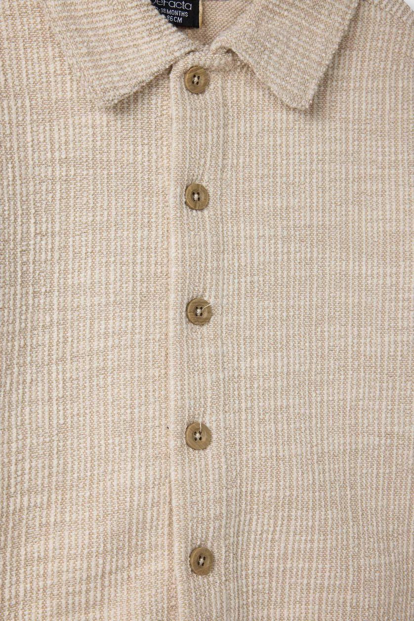 Erkek Bebek Bej 2'li Takım Dokulu Kumaş Gömlek Pantolon Erkek Bebek