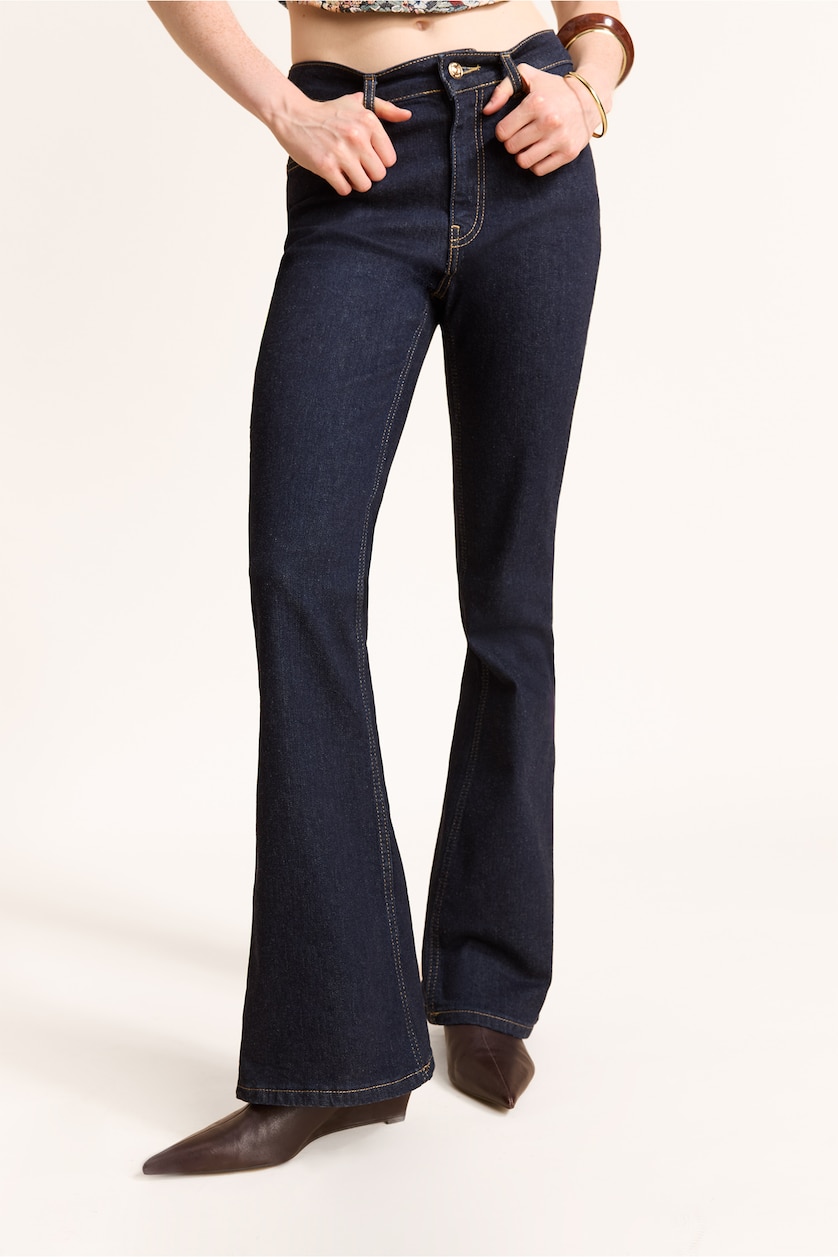 Kadın Mavi Siyah Flare Fit Orta Bel Jean