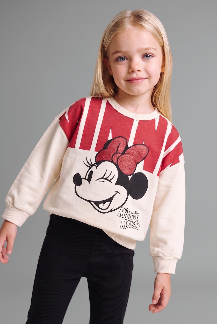 Kız Bebek Ekru Disney Mickey & Minnie 2'li Takım Sweatshirt Tayt Kız Bebek