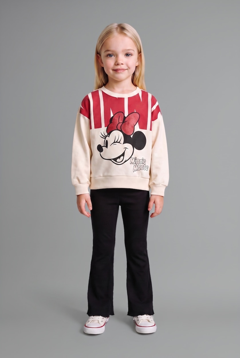 Kız Bebek Ekru Disney Mickey & Minnie 2'li Takım Sweatshirt Tayt Kız Bebek
