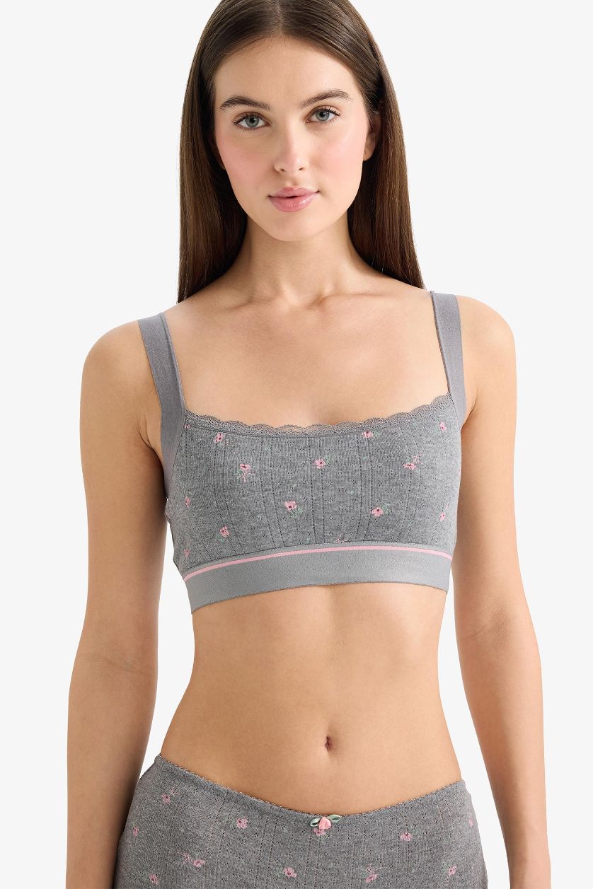 Kadın Gri Melanj Dantel Detaylı Kapsız Pedsiz Balensiz Bralet