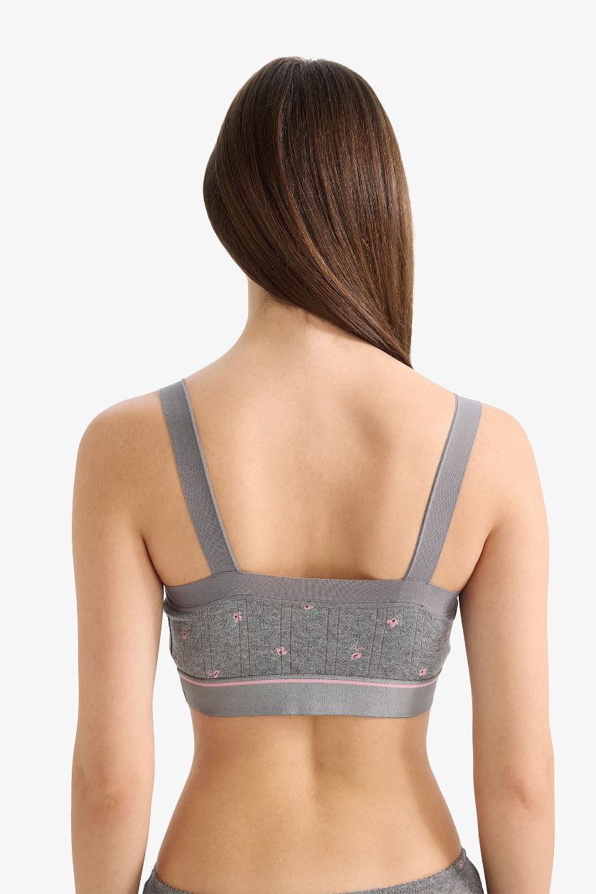 Kadın Gri Melanj Dantel Detaylı Kapsız Pedsiz Balensiz Bralet