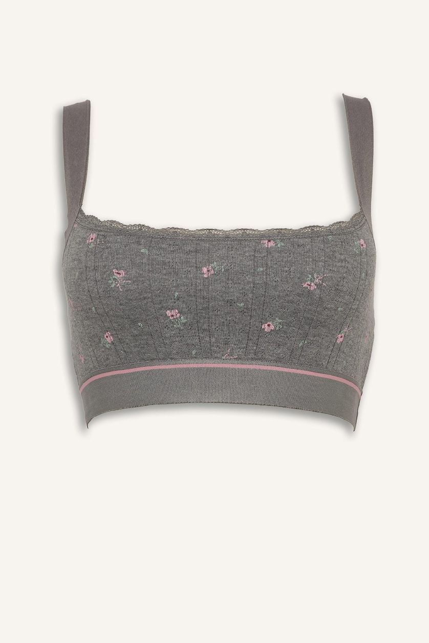 Kadın Gri Melanj Dantel Detaylı Kapsız Pedsiz Balensiz Bralet