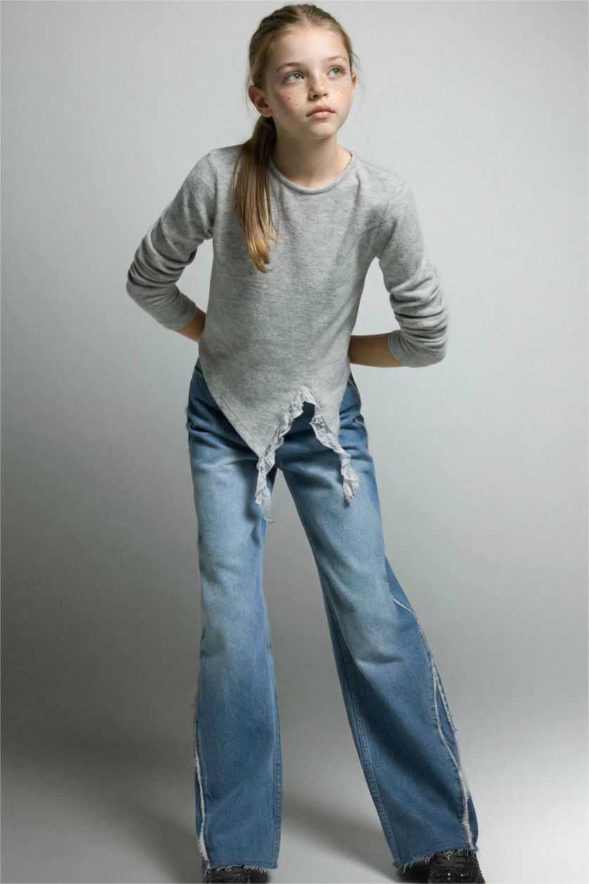 بناتي ميلانج رمادي تيشيرت بناتي كم طويل مضلع سليم فيت بتفاصيل دانتيل