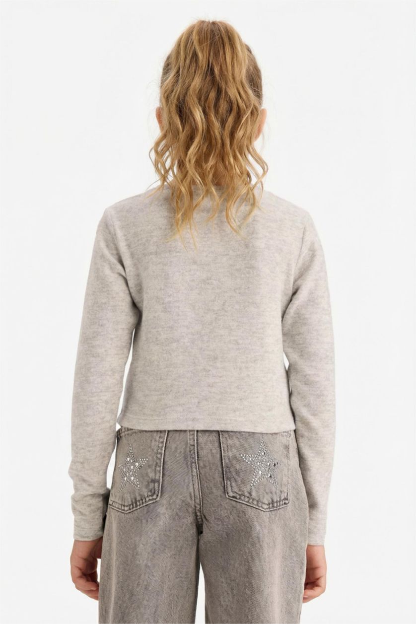 بناتي ميلانج رمادي تيشيرت بناتي كم طويل مضلع سليم فيت بتفاصيل دانتيل