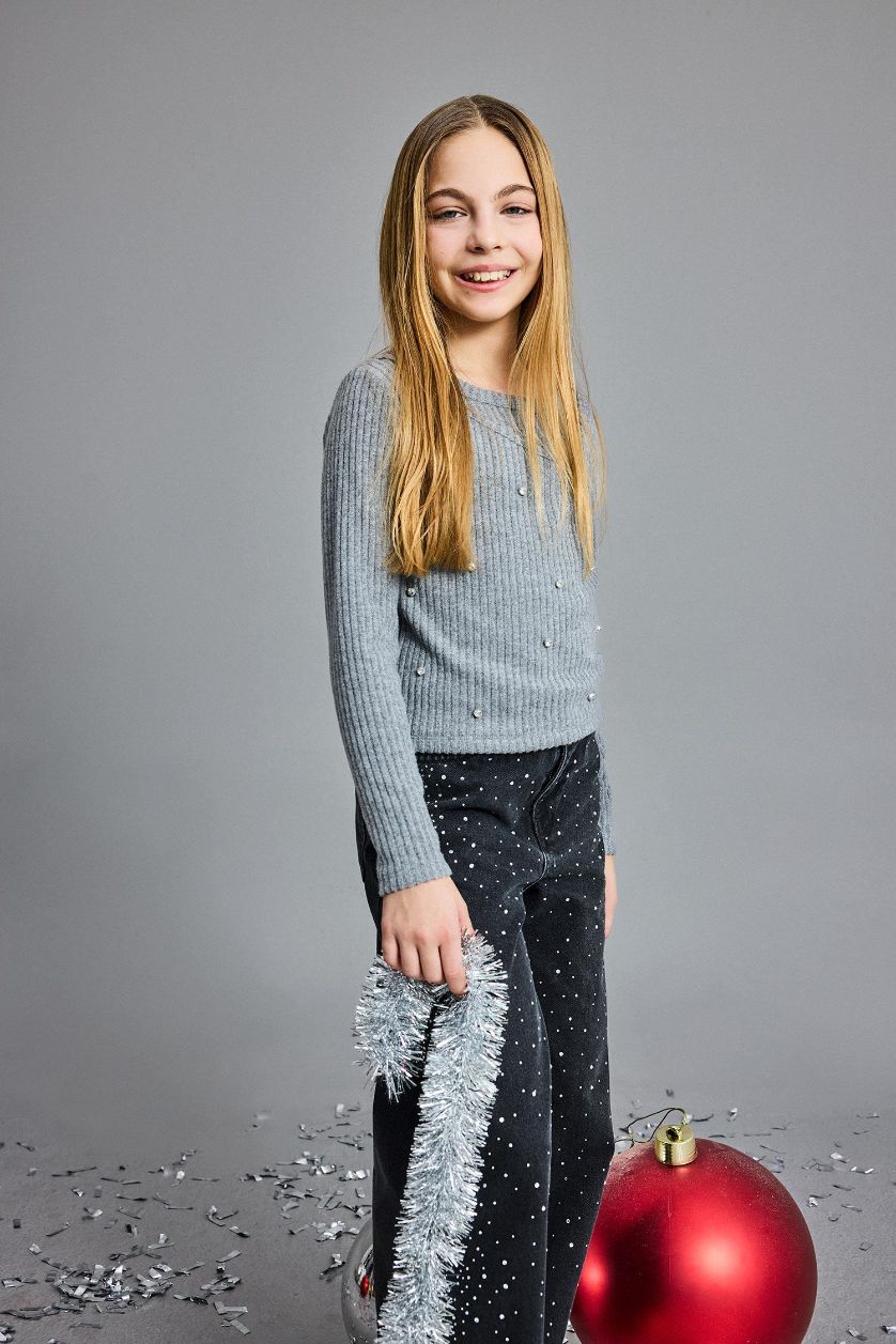 Girls & Teens Grey Melange Girl Christmas Themed Slim Fit Embellished Ribbed T-Shirt