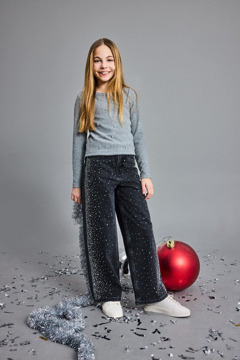 Girls & Teens Grey Melange Girl Christmas Themed Slim Fit Embellished Ribbed T-Shirt