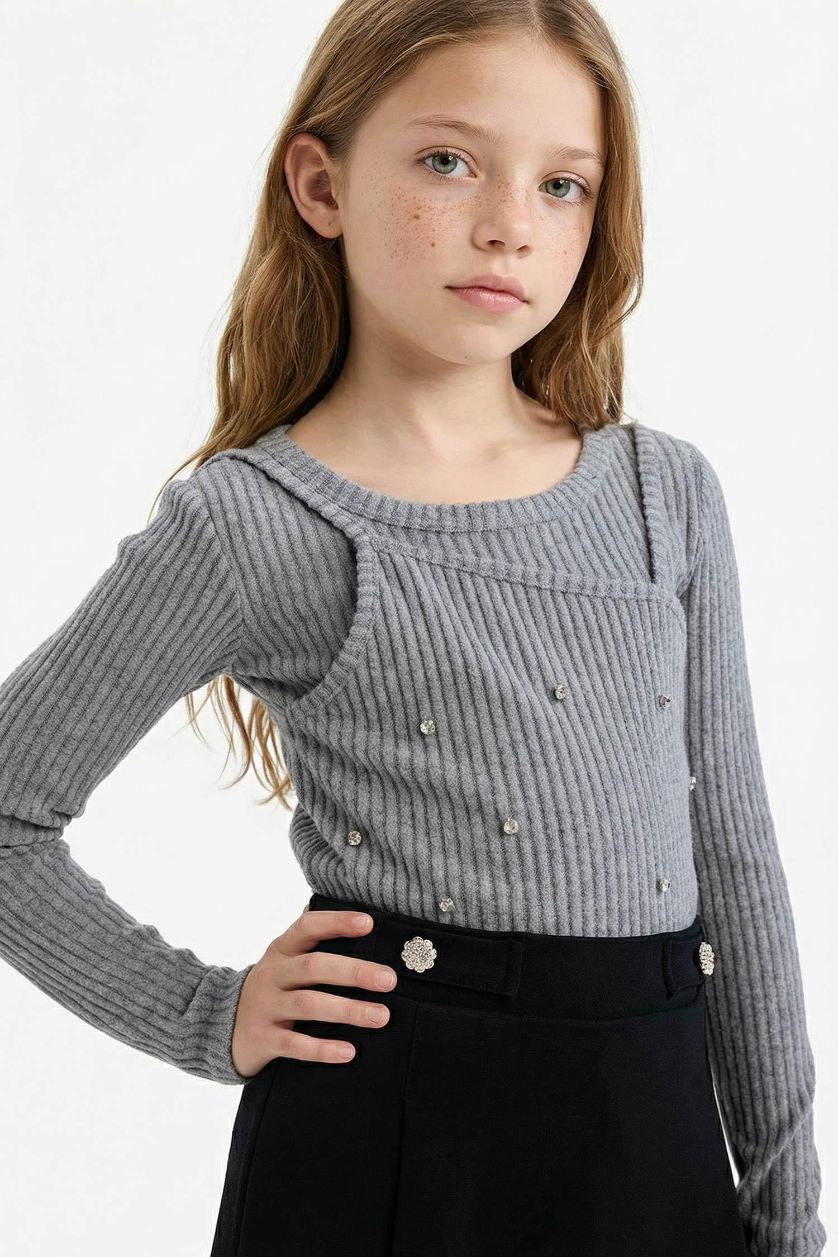 Girls & Teens Grey Melange Girl Christmas Themed Slim Fit Embellished Ribbed T-Shirt