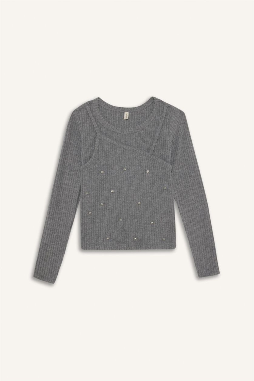 Girls & Teens Grey Melange Girl Christmas Themed Slim Fit Embellished Ribbed T-Shirt