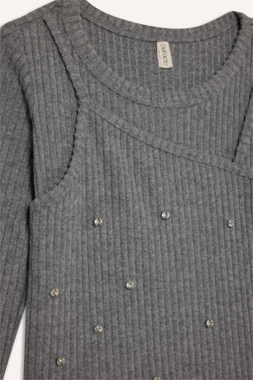 Girls & Teens Grey Melange Girl Christmas Themed Slim Fit Embellished Ribbed T-Shirt