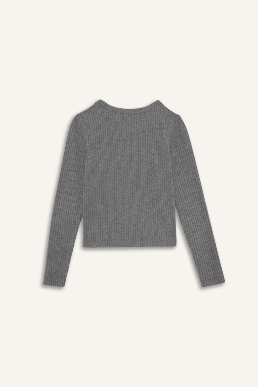 Girls & Teens Grey Melange Girl Christmas Themed Slim Fit Embellished Ribbed T-Shirt