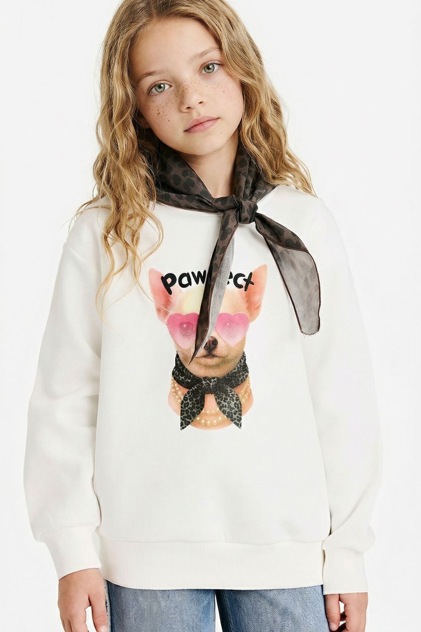 Girls & Teens Ecru Girl Overshirt Fit Slogan Print Soft Fleece Lining Sweatshirt