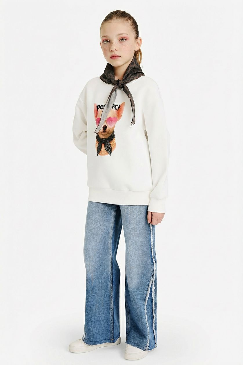 Girls & Teens Ecru Girl Overshirt Fit Slogan Print Soft Fleece Lining Sweatshirt