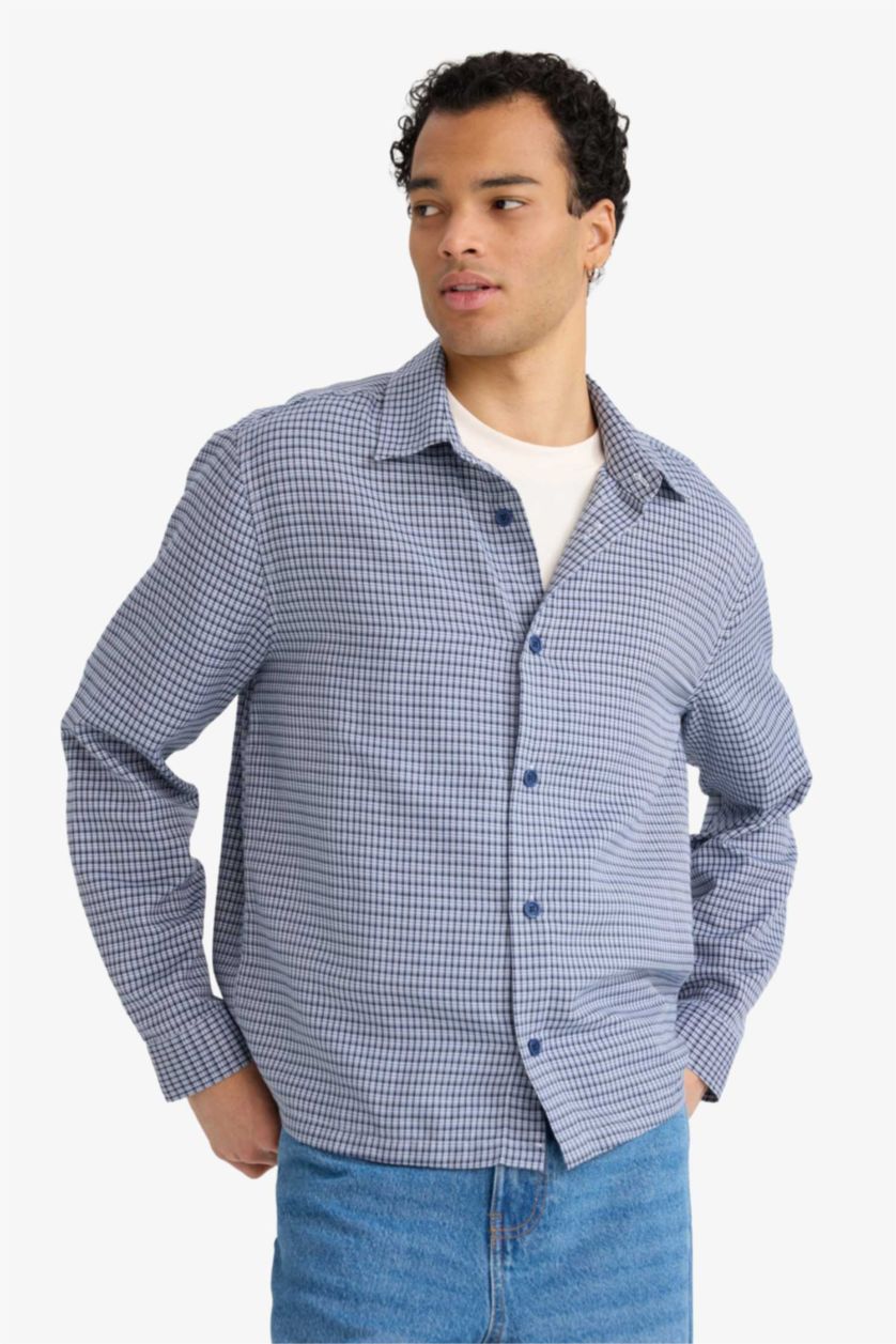 MAN Light Violet Boxy Fit Plaid Woven Long Sleeve Shirt
