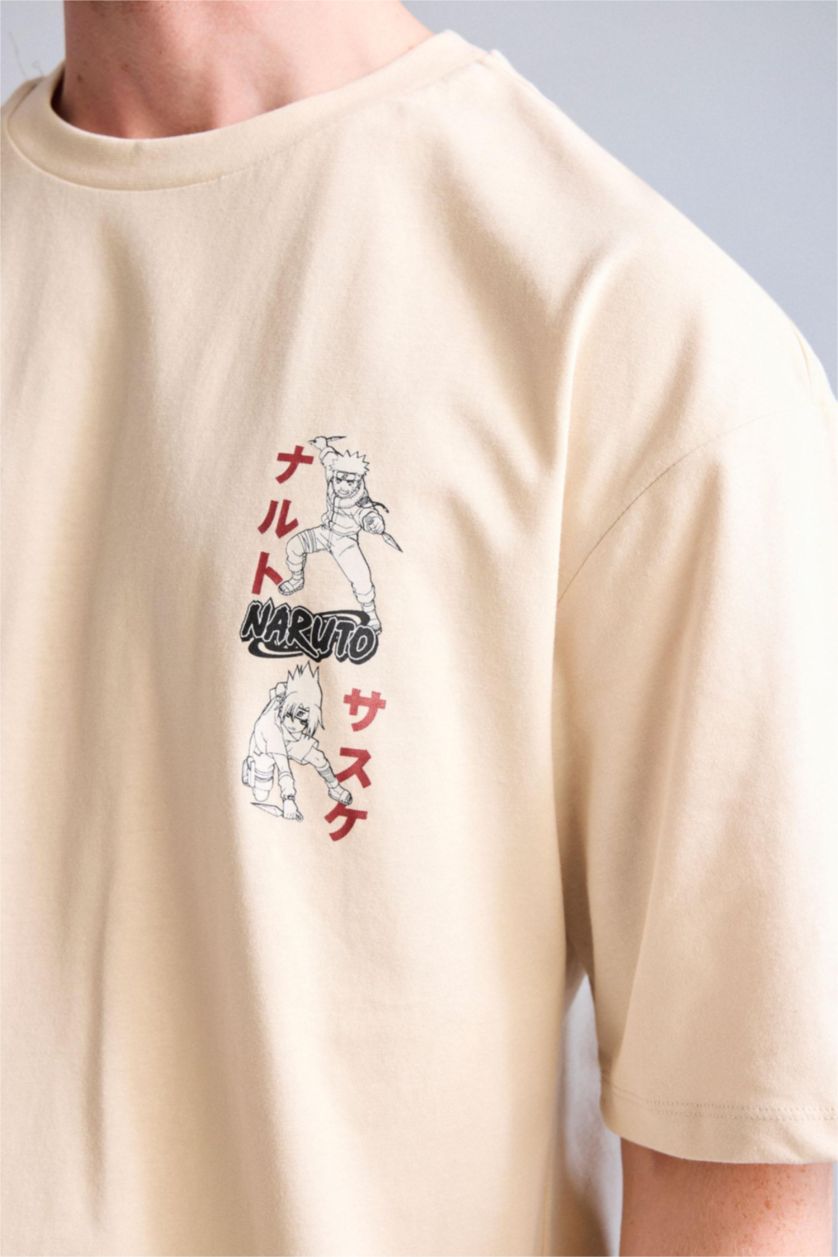 Erkek Bej Naruto Boxy Fit Kısa kollu Baskılı Tişört
