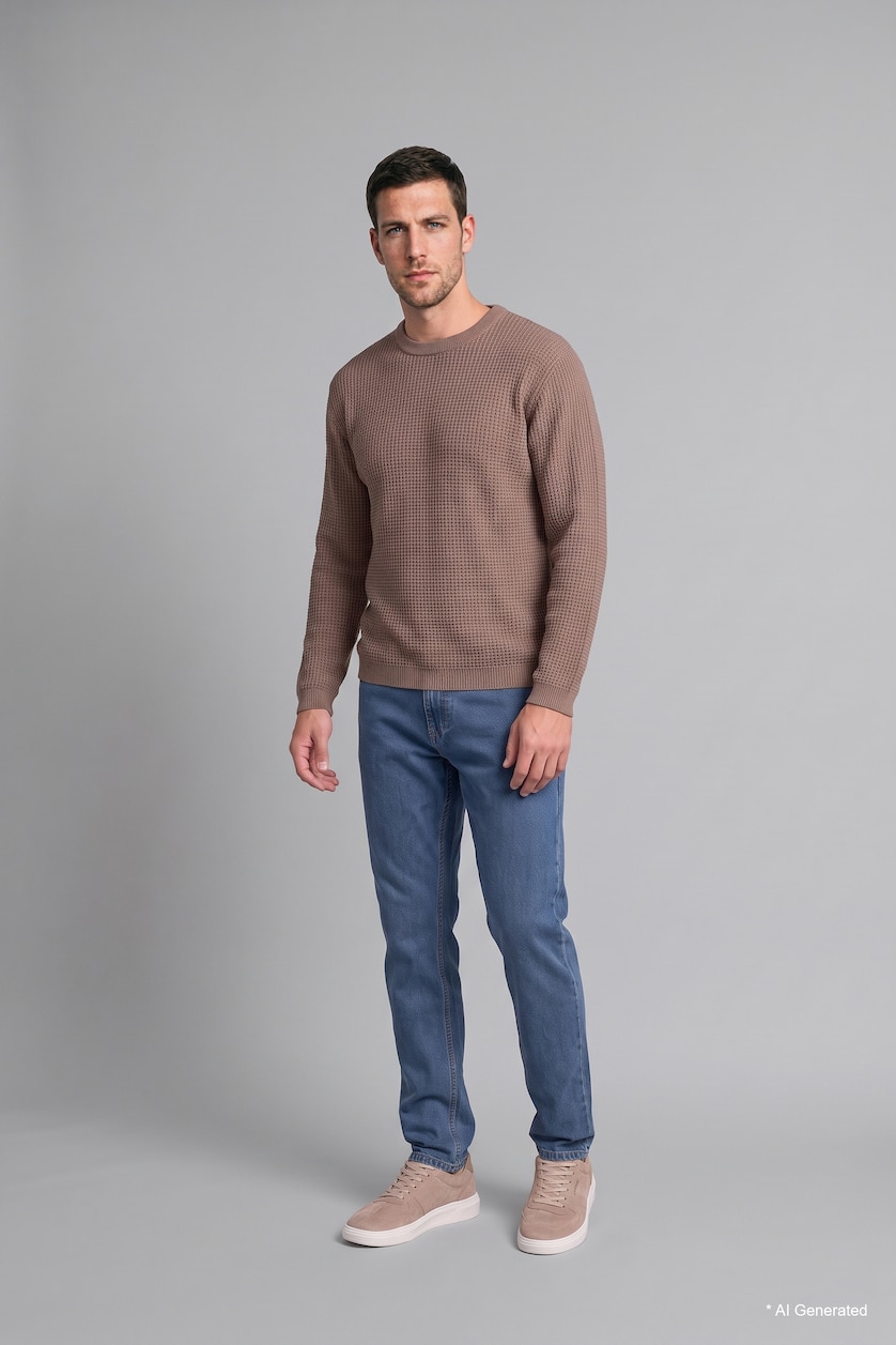 Erkek Taş Relaxed Fit Bisiklet Yaka Basic Kazak