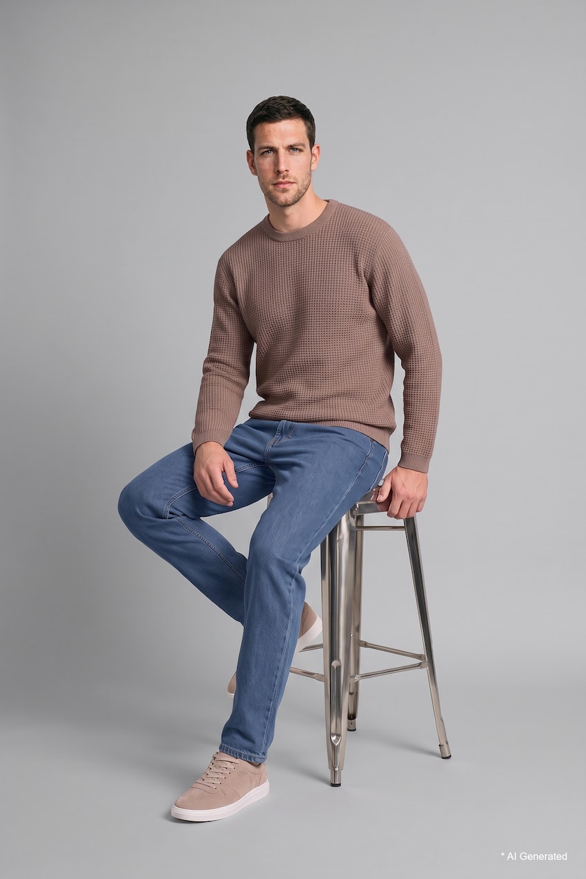 Erkek Taş Relaxed Fit Bisiklet Yaka Basic Kazak