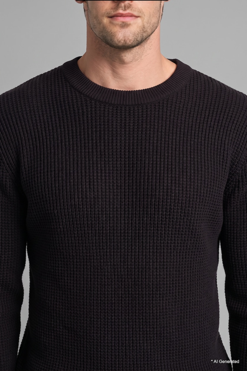 Erkek Siyah Relaxed Fit Bisiklet Yaka Basic Kazak