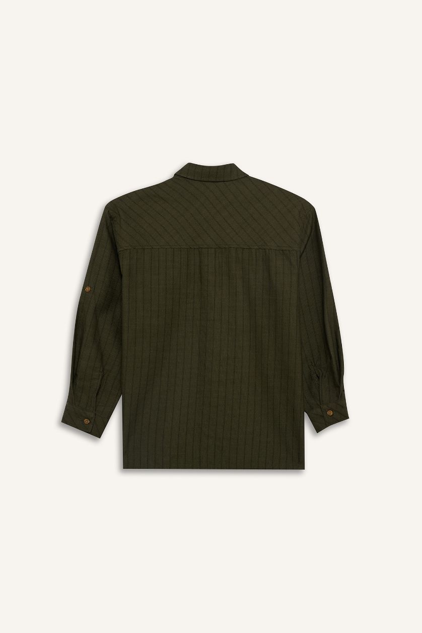 Erkek Çocuk - Genç Erkek Haki Oversıze Gömlek Yaka Çizgili Poplin Uzun Kollu Gömlek Erkek Çocuk