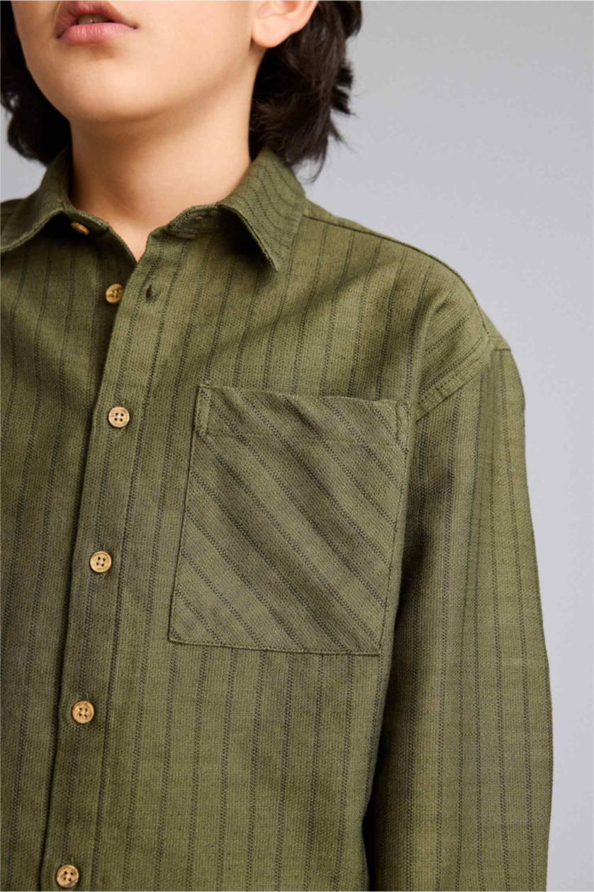 أولادي كاكي قميص مخطط اولادي كم طويل بوبلين اوفر سايز