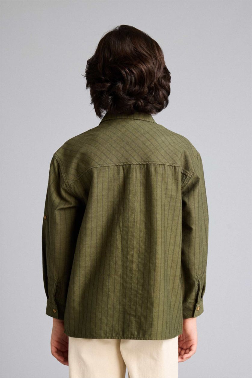 أولادي كاكي قميص مخطط اولادي كم طويل بوبلين اوفر سايز