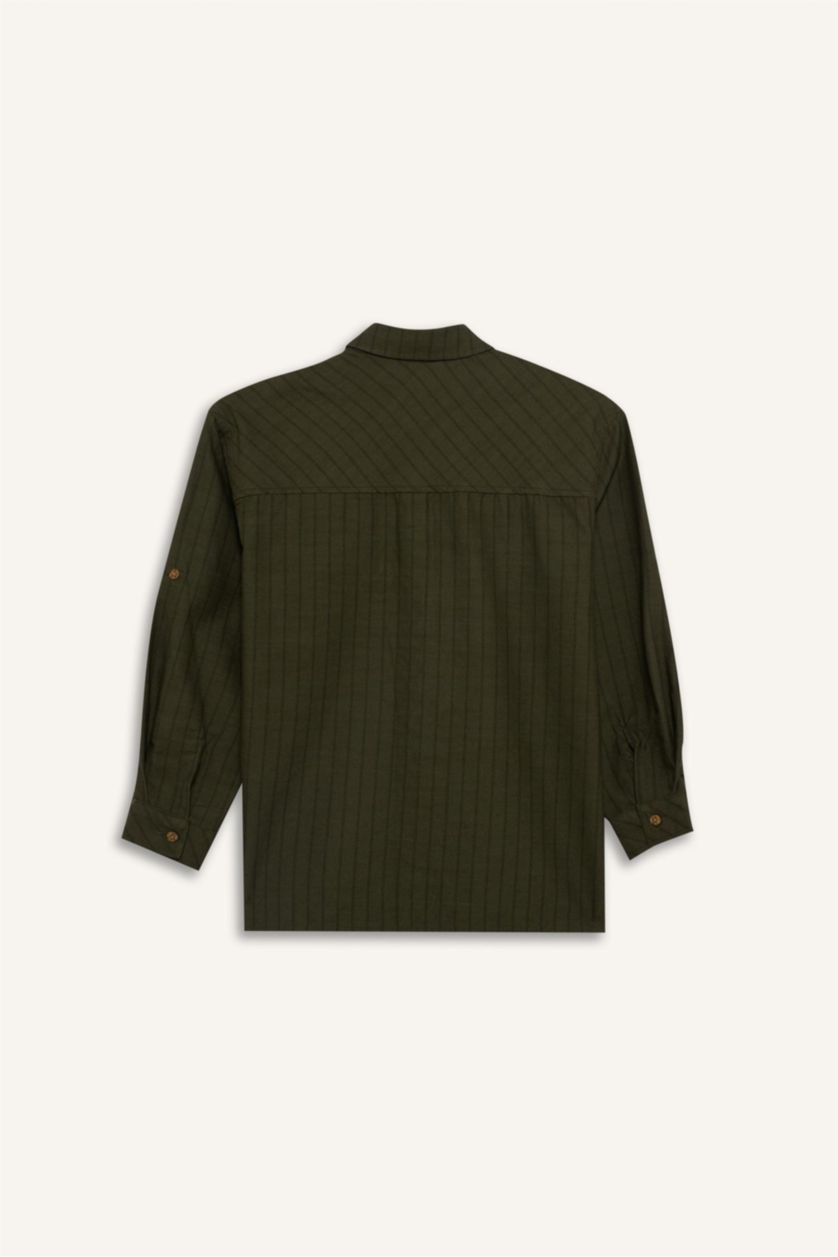 أولادي كاكي قميص مخطط اولادي كم طويل بوبلين اوفر سايز